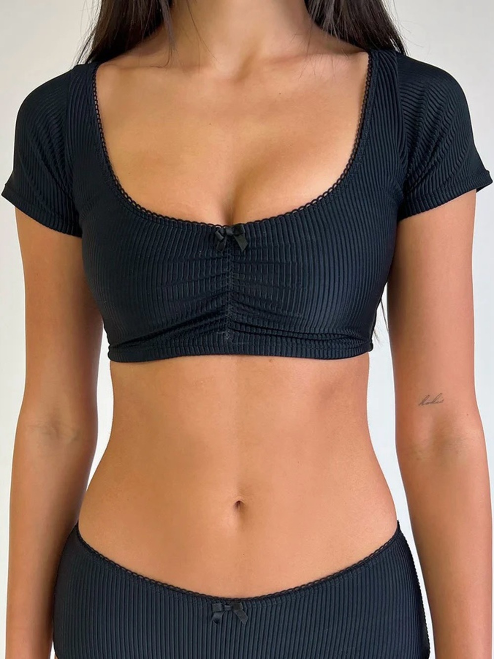 Frankie’s Bikinis Swimsuit Nicolette Ribbed Bikini Top Lace Trim Bow Black Sz M